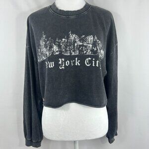 Graphic Print NYC Washed Grey Crop Sweatshirt Streetwear - Medium